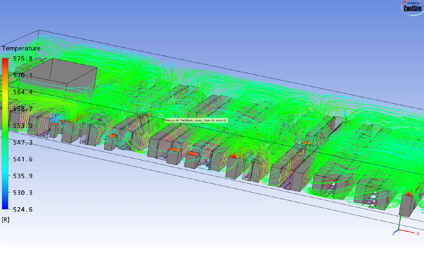 Return air pathlines rising from server racks in a CoolSim model