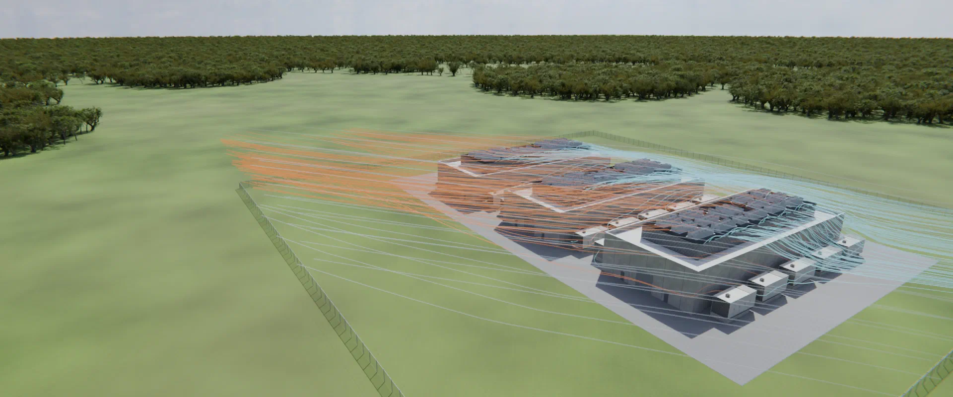 Aerial view of a data center campus with its warm exhaust plume, in orange, trailing downwind
