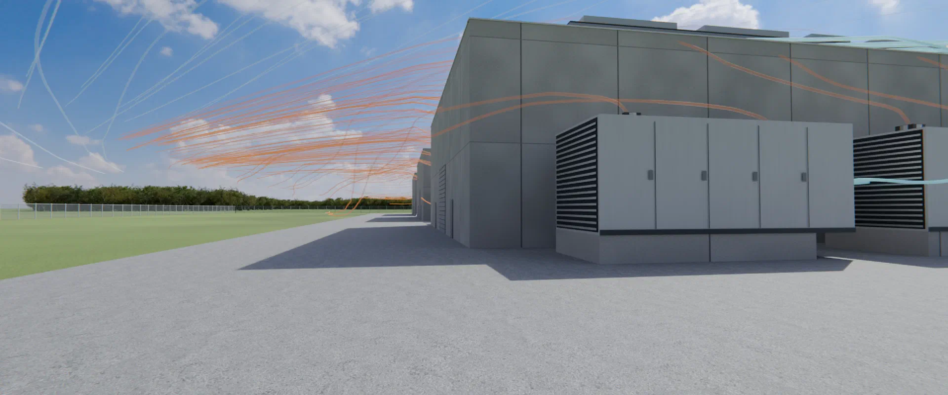 A generator yard beside a data center building, with orange exhaust streamlines carried overhead by the wind