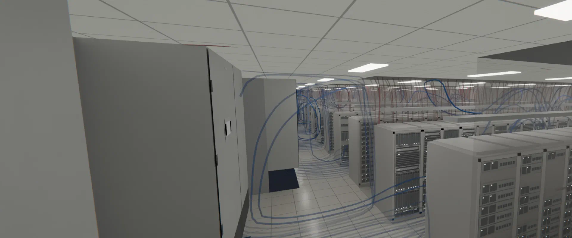 Blue supply air looping out of a cold aisle in a large data hall