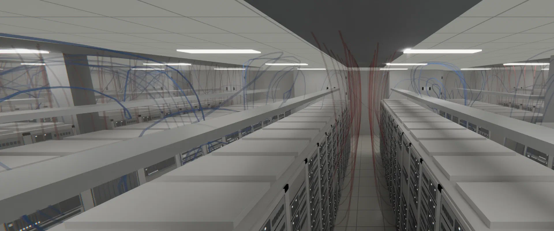 Hot air, in orange, pooling in a hot aisle near a failed cooling unit