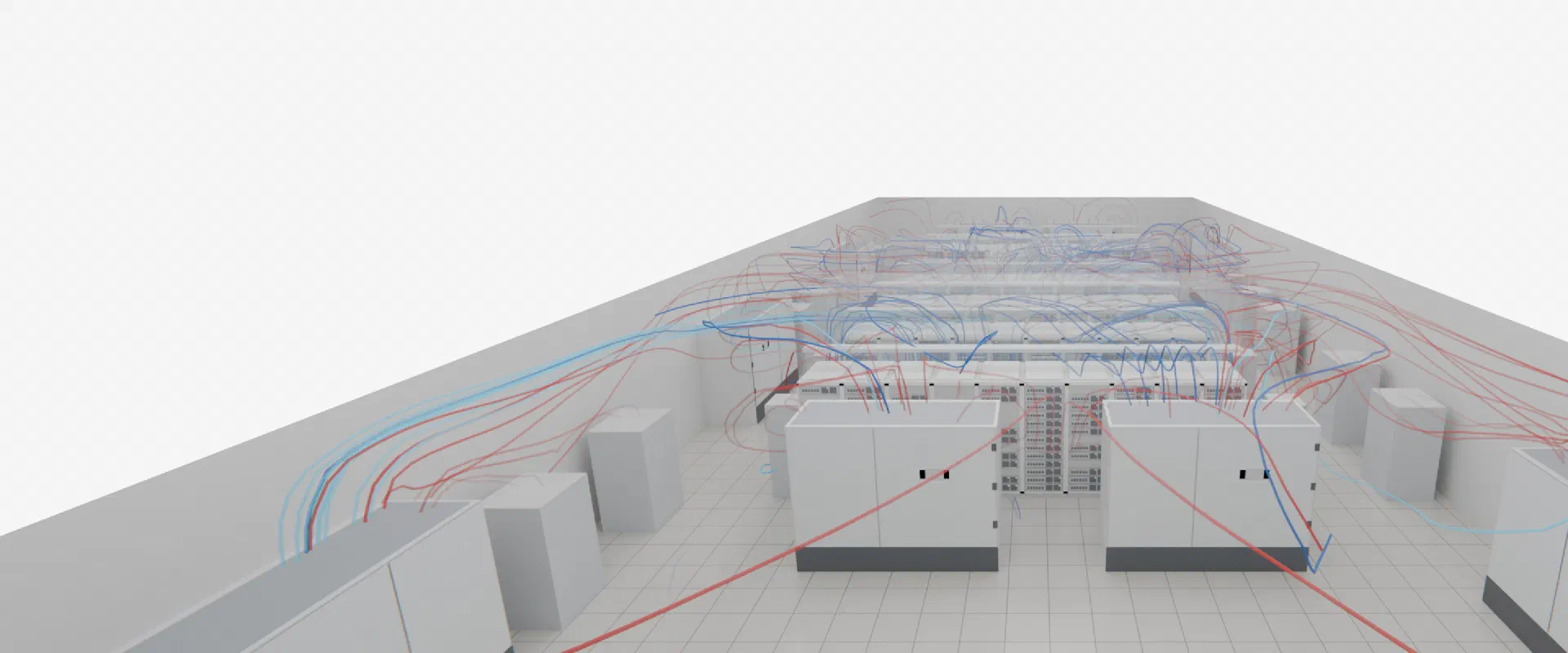 A small server room with its ceiling cut away, cold and warm airflow drawn as blue and orange streamlines