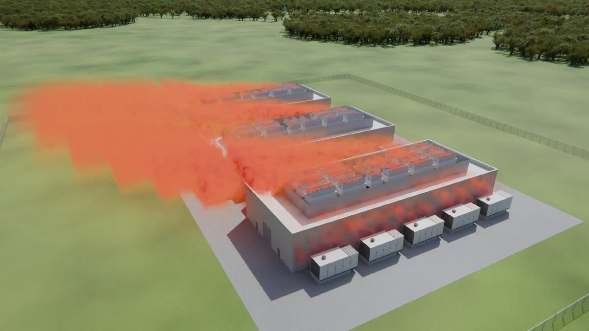 Three data halls seen from above, with banks of condensing units on each roof and a row of generators along the nearest hall. A cloud of warm orange air rises off the roofs and drifts downwind across the site.