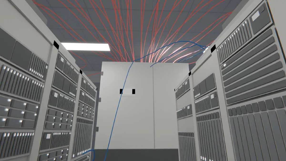 A cooling unit at the end of a row of racks in a CoolSim model of a data center hall, with red airflow lines running along the ceiling into its top