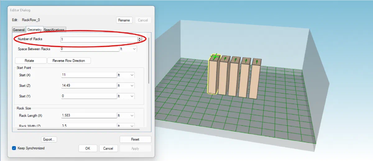 Multiple rack row objects spaced out