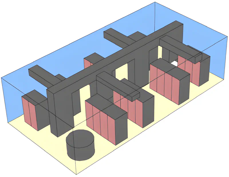 A non-raised floor date center model with a center aisle of top-flow CRACS and ducts and diffuers to deliver the supply air to the rack rows