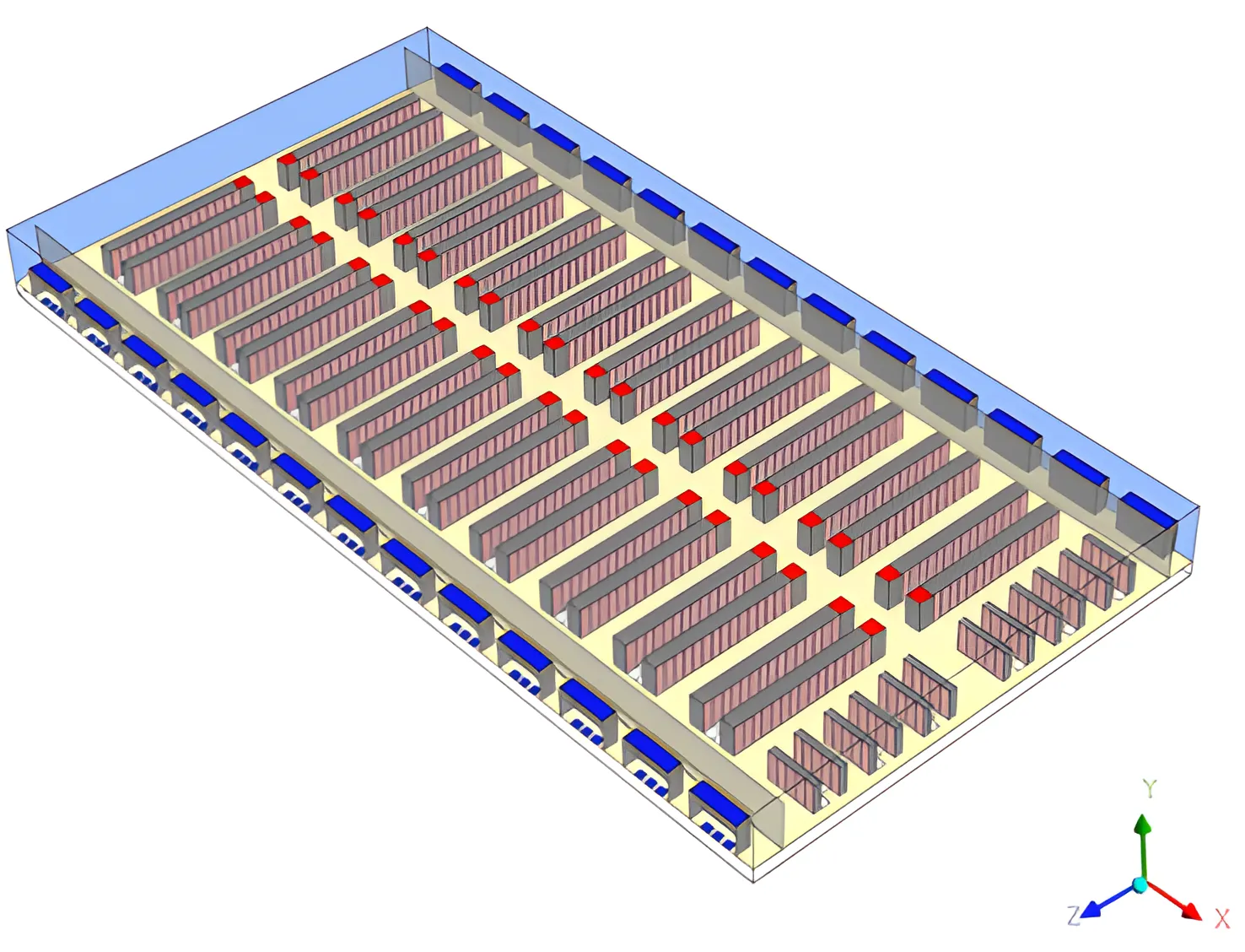 An isometric view of the data center showing the rack rows (pink), PDUs (red) and perimeter CRACs (blue)