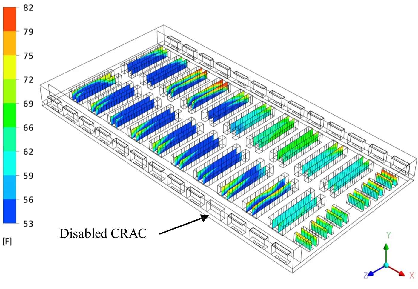 Contours of rack inlet temperature for Trial 4, where the fourth CRAC from the right along the lower wall is shut down; all racks fall within the ASHRAE allowed temperature range
