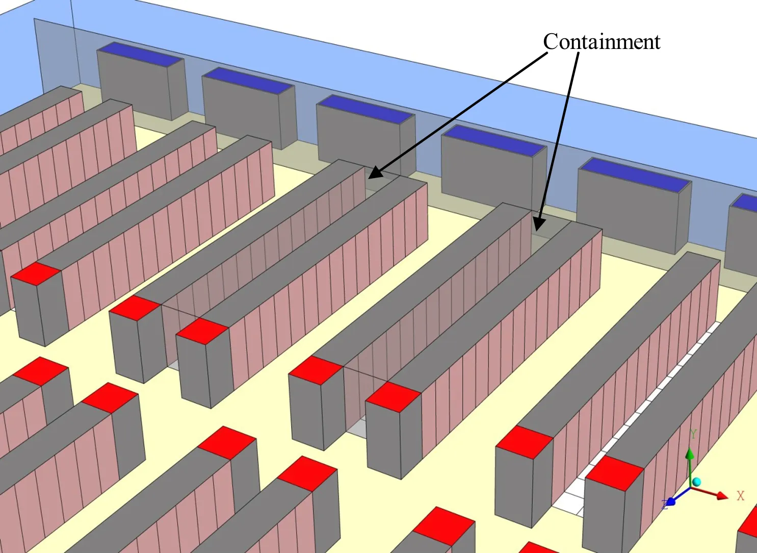 In the second modified design, cold aisle containment is applied to the original high density rack rows